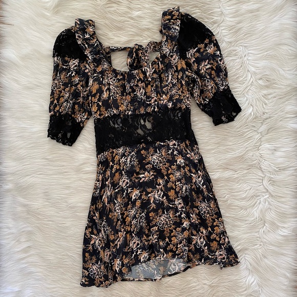 Free People Black Orange Floral Lace Short Sleeve Dress - Picture 2 of 12